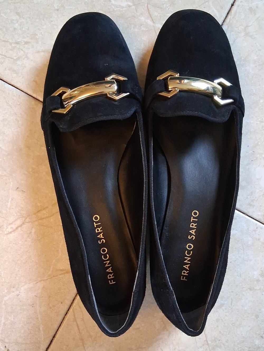 Franco Sarto Black Suede Loafers with Gold Chain Detail